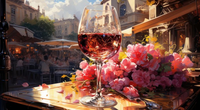 Bild von einem Weinfest auf einem Marktplatz mit einem Rotwein im Vordergrund