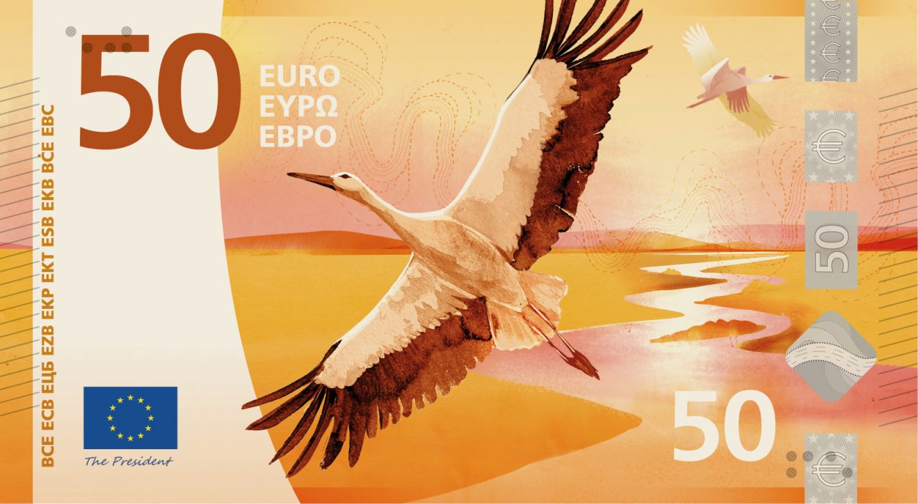 Auf einem Designvorschlag für den 50-Euro-Schein fliegt ein Storch über einen orangenen Hintergrund.