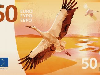 Auf einem Designvorschlag für den 50-Euro-Schein fliegt ein Storch über einen orangenen Hintergrund.